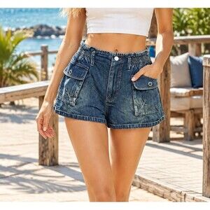 Free People We The Free Denim Cargo Shorts Smocked Pull-On Cotton XS 280895